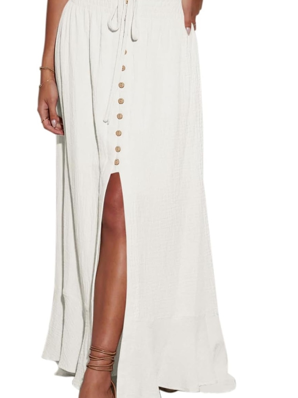audrey White Button-Front Maxi Skirt with Front Slit